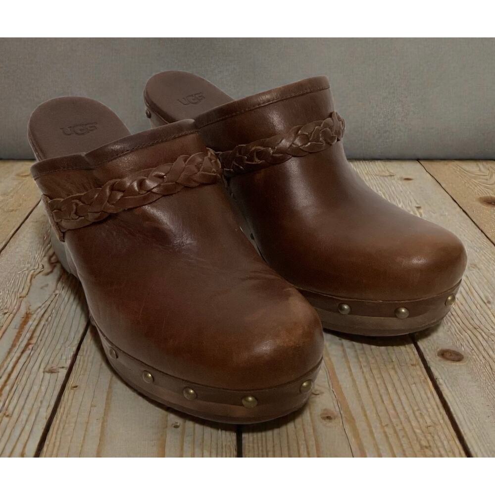 UGG Kaylee leather clogs brown braided strap‎ and stud details Size 8